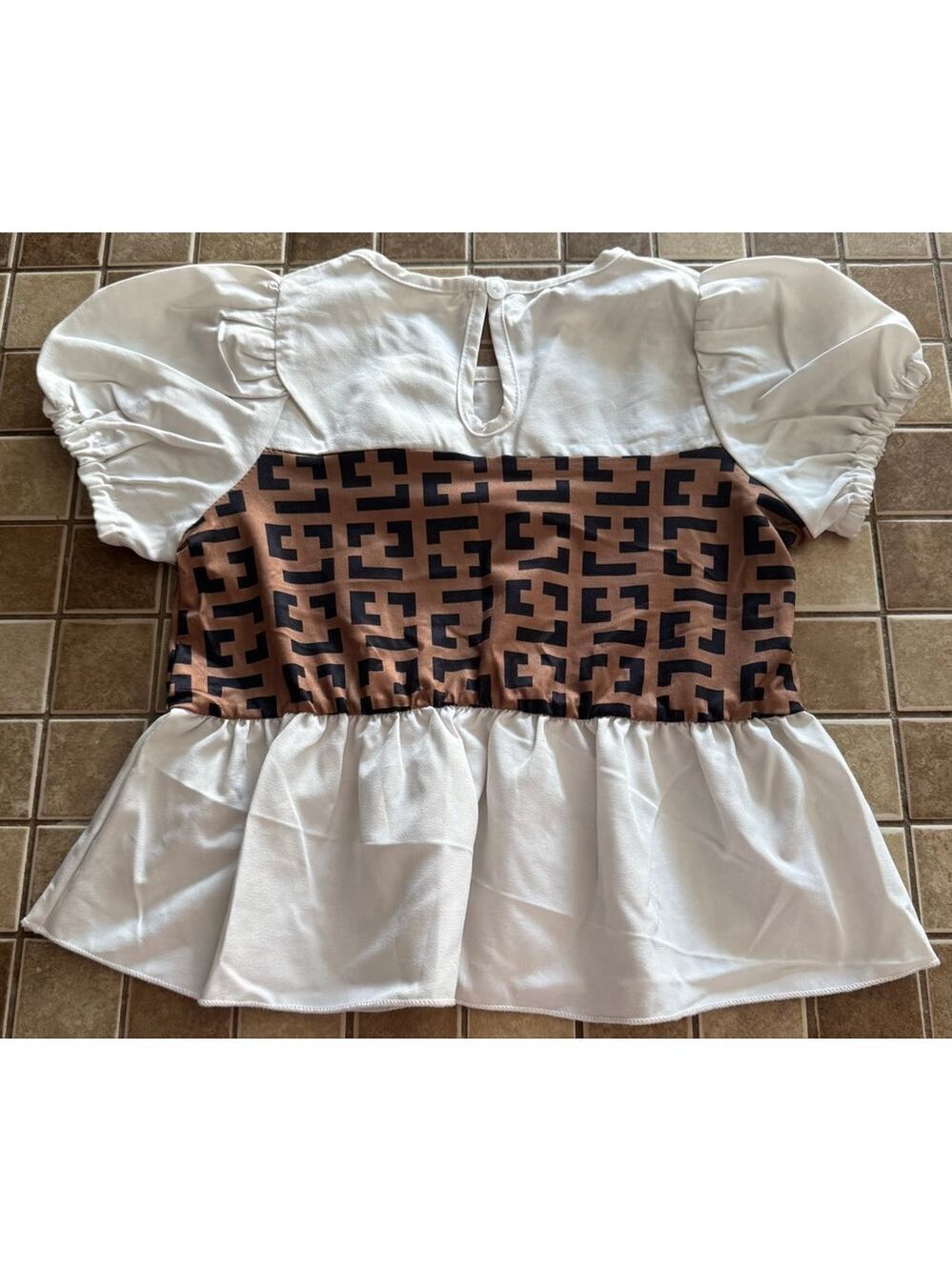 Girls SHEIN Blouse 5 White Brown Geometric Print - Picture 2 of 5